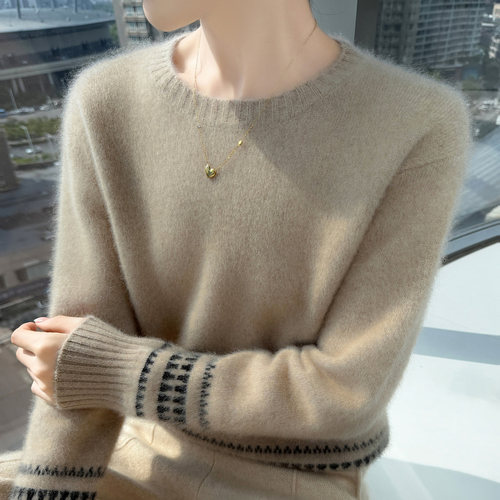 法式山羊绒衫女加厚撞色圆领毛衣