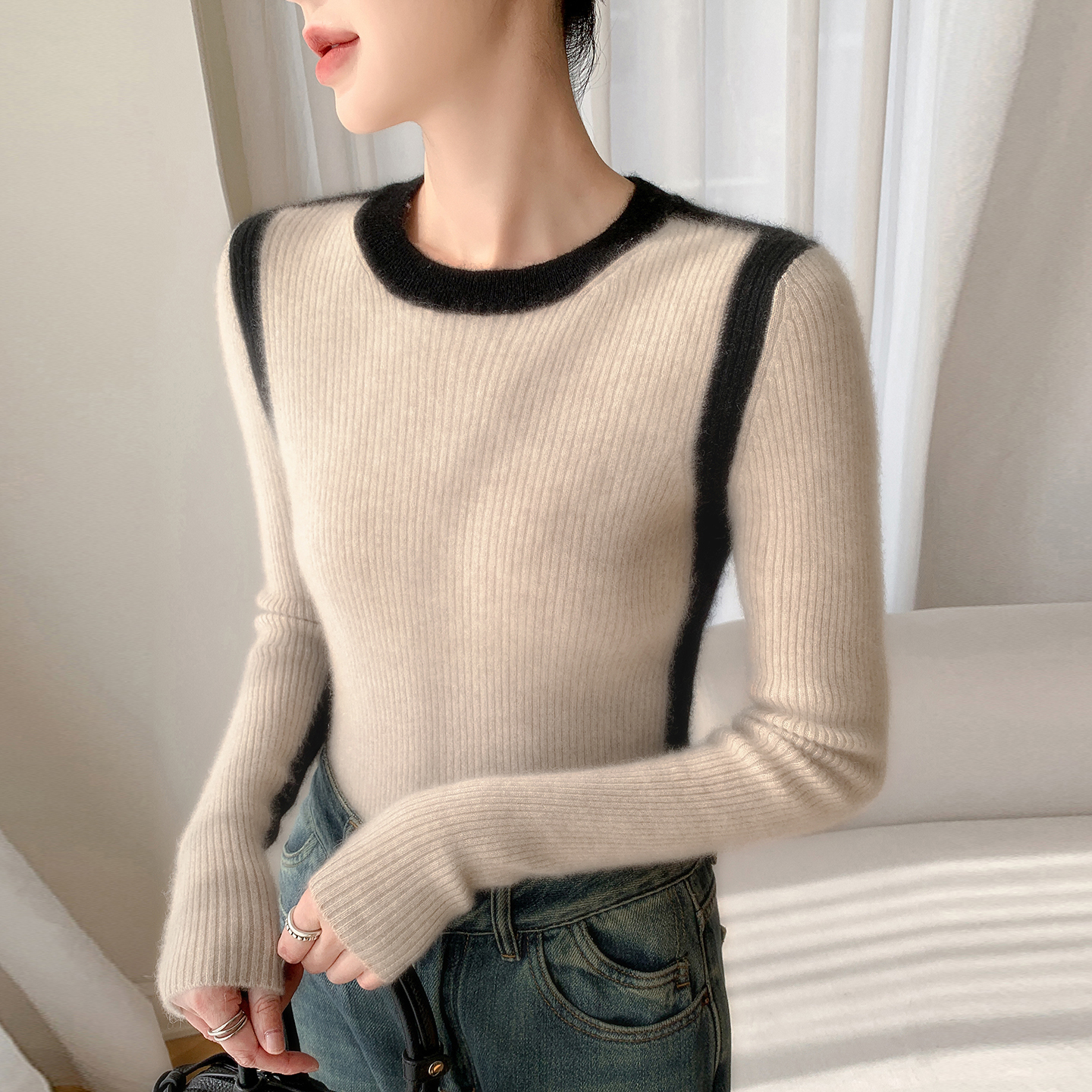 圆领拼色山羊绒衫女修身显瘦毛衣