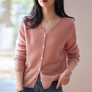 半开V领100%纯羊绒开衫女卷边长袖针织衫外套宽松休闲羊毛衫毛衣
