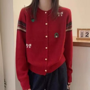 100%纯羊毛开衫女圆领蝴蝶结提花拼色针织毛衣宽松甜美羊绒衫外套