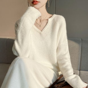 25年100%纯羊毛衫两件套女V领提花毛衣阔腿裤套装宽松羊绒衫打底