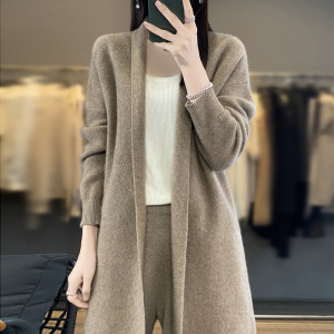 V领中长款100%羊绒开衫大衣女23秋冬宽松慵懒羊毛衫针织毛衣外套