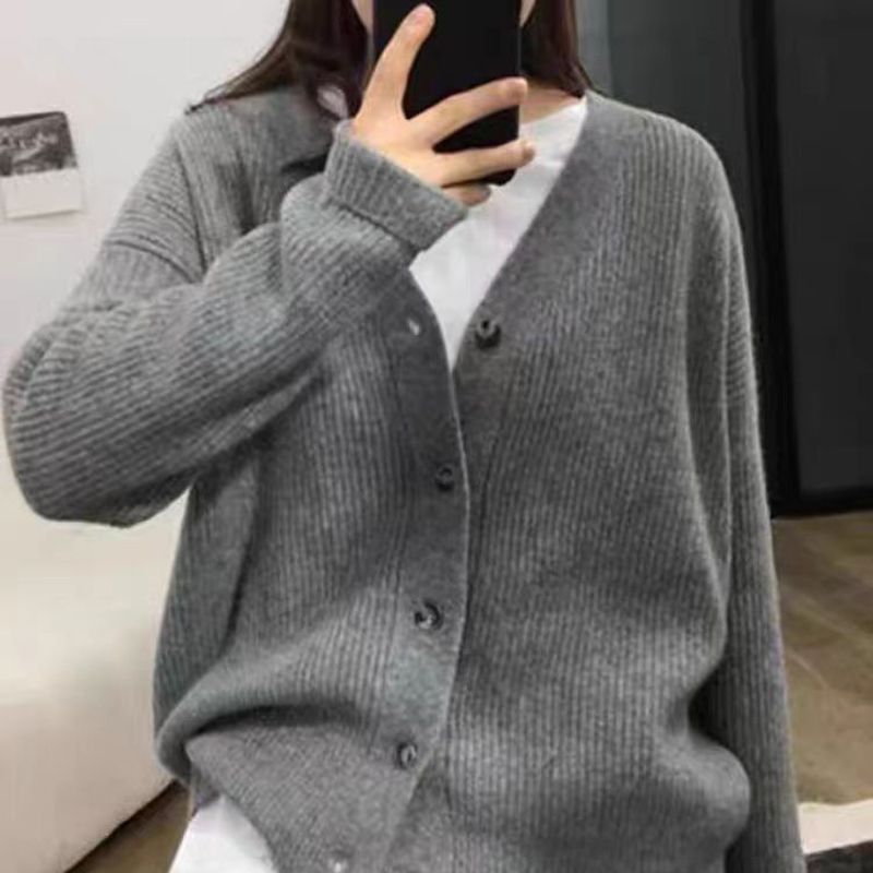 V领100纯羊毛针织开衫女外套毛衣