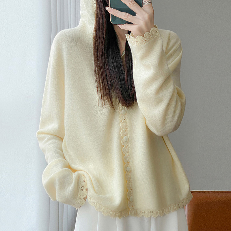 100%羊毛衫针织开衫花边连帽毛衣