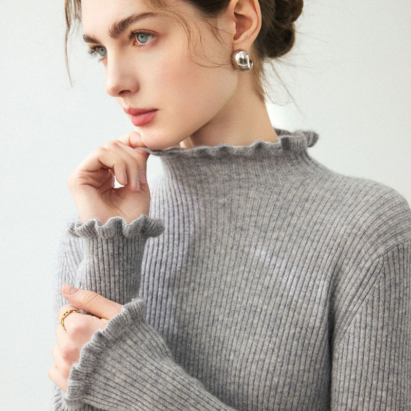 设计感木耳边山羊绒衫女半高领长袖修身显瘦针织毛衣坑条羊毛打底,女装/女士精品,羊绒衫,淘宝优惠券,粉丝福利购,淘宝优惠卷