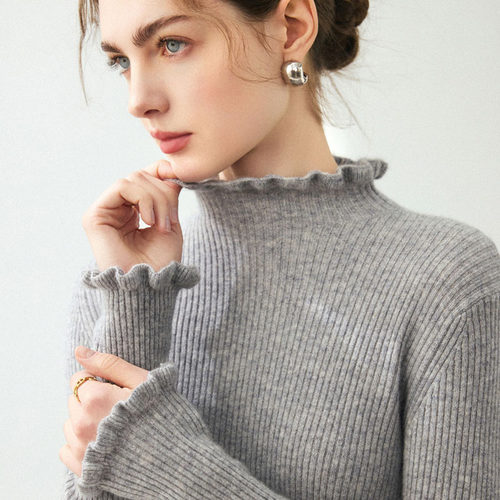 木耳边半高领山羊绒衫修身羊毛衫