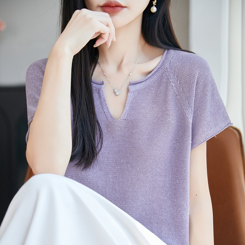 夏季天丝亚麻卷边圆领亮片T恤女