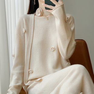 100%羊毛衫半身裙套装女圆领立体刺绣珍珠花朵毛衣宽松羊绒两件套