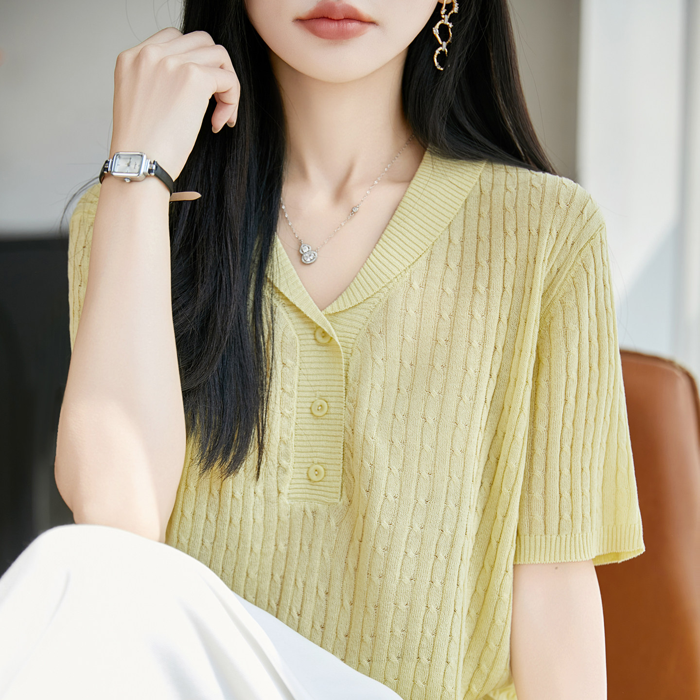 老钱风翻领麻花针织短袖女珍珠麻T恤打底衫宽松显瘦气质套头上衣