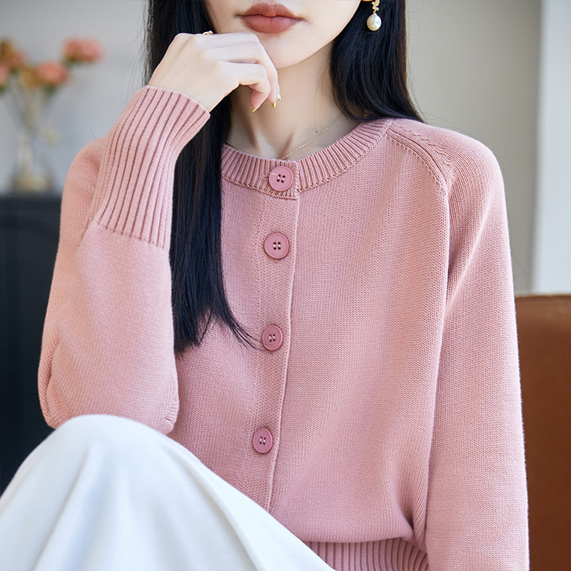 100%纯棉圆领宽松女针织开衫外套