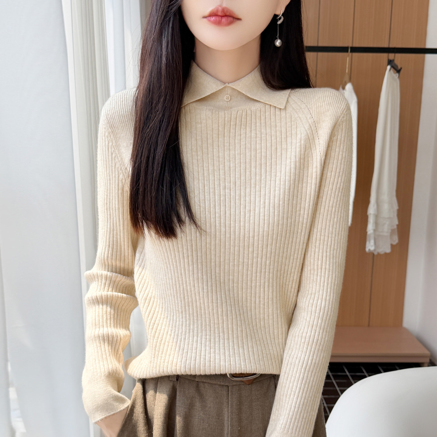 秋冬羊毛POLO领显瘦针织衫女毛衣