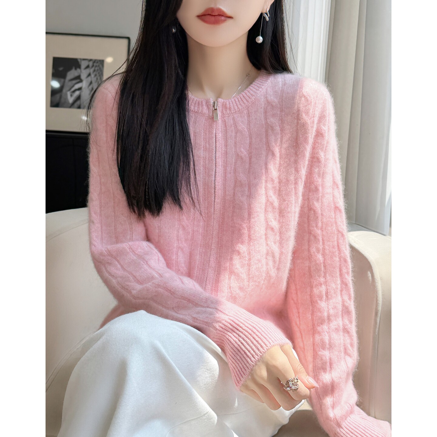 100%羊毛衫女麻花双拉链开衫外套