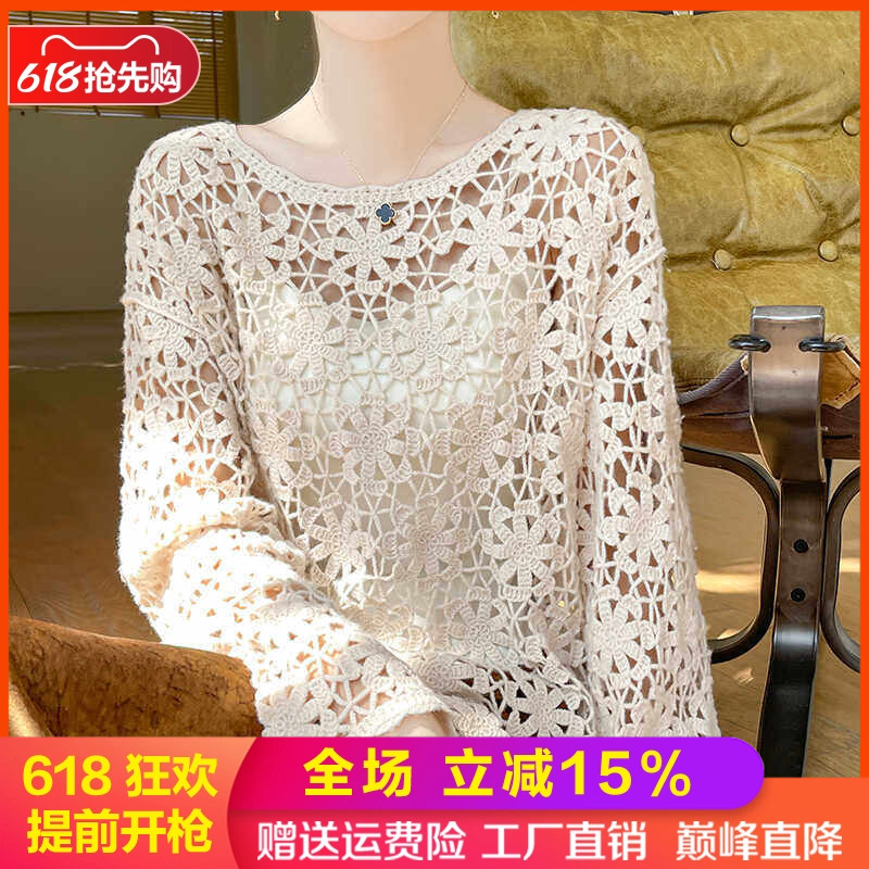 100%纯羊毛衫女圆领刺绣钩花毛衣