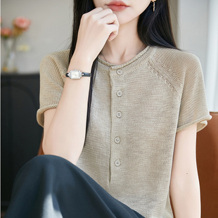 法式高级感珍珠麻针织衫短袖女薄款卷边圆领亚麻T恤宽松半袖上衣