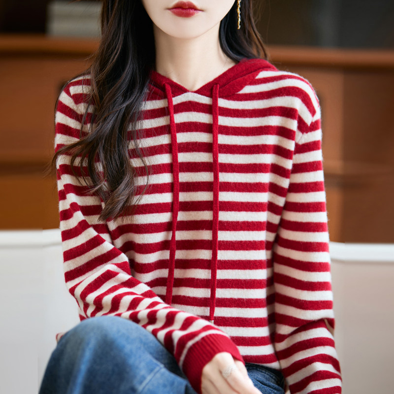 100%羊毛拼色条纹女针织帽衫毛衣