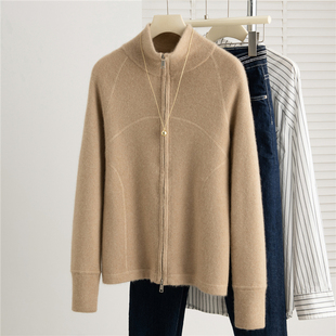 软糯风半高领双拉链山羊绒开衫女宽松坑条羊毛衫显瘦针织外套毛衣