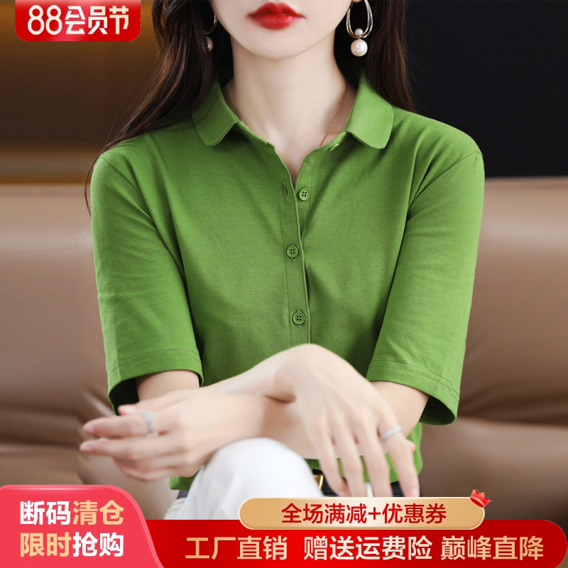 100%纯棉短袖衬衫女半袖上衣打底