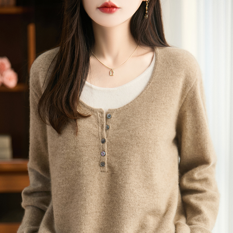 圆领拼色假两件100%纯羊毛衫打底