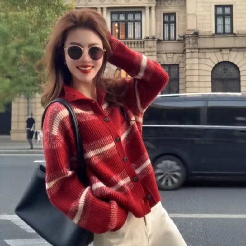 复古条纹拼色加厚100%纯羊毛衫女翻领加厚提花羊绒衫外套宽松上衣