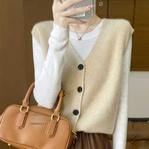 V领100%纯羊绒衫马甲开衫女无袖毛衣坎肩宽松羊毛衫针织背心外套