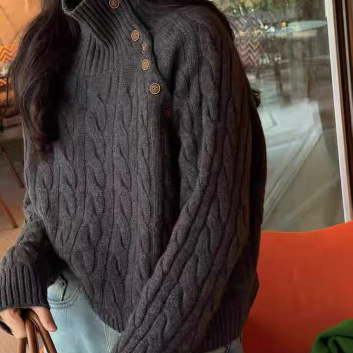 老钱风慵懒宽松100%纯羊毛衫女高领加厚纽扣针织毛衣套头羊绒打底