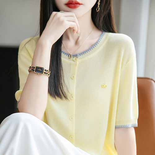 拼色圆领莱赛尔天丝针织短袖开衫