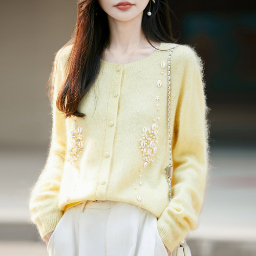 100%羊毛女秋冬贝壳钉珠开衫外套