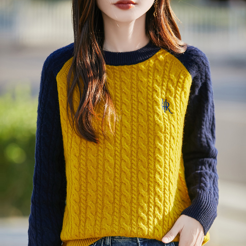 春秋款圆领拼色插肩袖羊毛针织衫