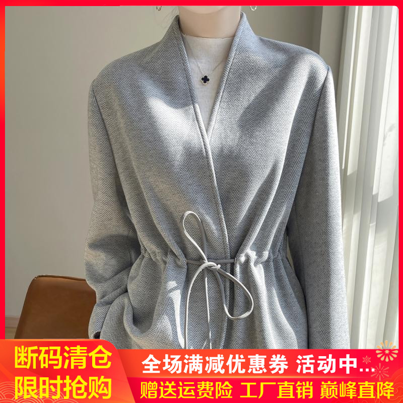 精纺羊绒开衫女V领中长外套毛衣