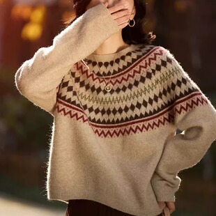 复古费尔岛提花100%纯羊毛衫女圆领加厚拼色针织毛衣宽松羊绒打底