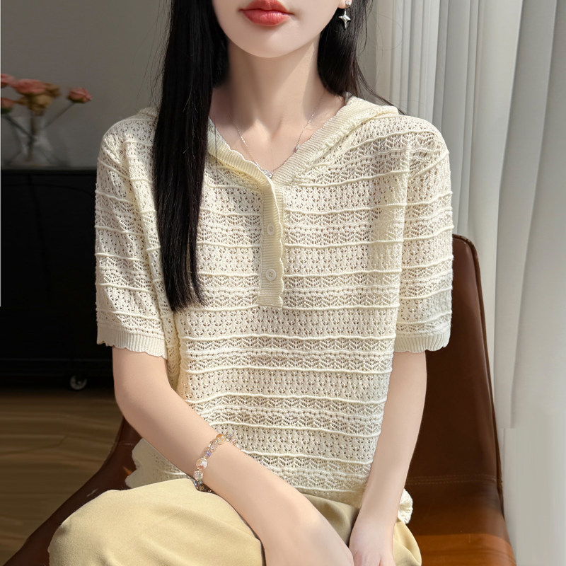 春夏精纺羊毛衫镂空钩花针织毛衣