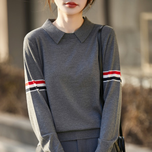 毛衣宽松休闲打底衫 拼色针织长袖 上衣 女26年新款 POLO领精纺羊毛衫