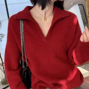 新年红100%纯羊毛衫女半开POLO领针织红色毛衣气质宽松羊绒衫打底