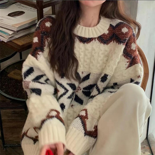 100%纯羊毛衫加厚拼色提花女毛衣