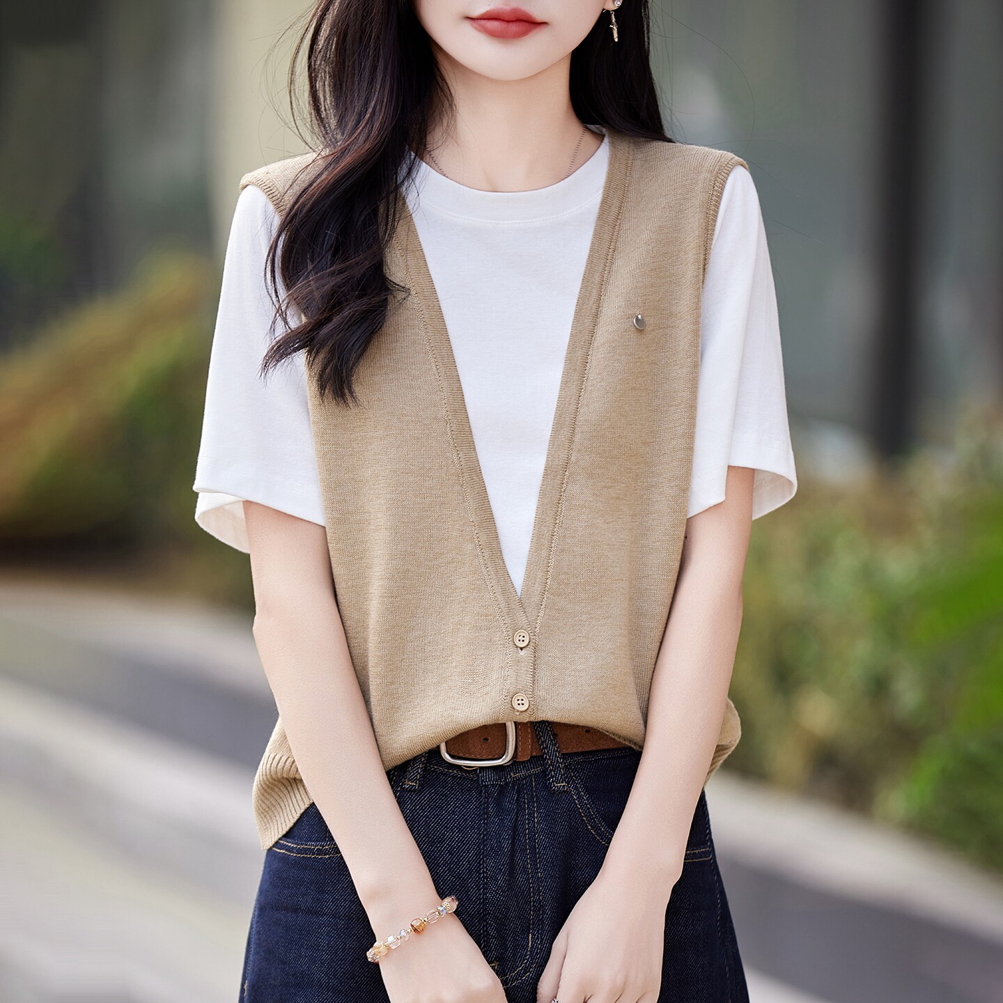 法式撞色假两件针织马甲短袖T恤女V领拼色半袖上衣宽松休闲打底衫