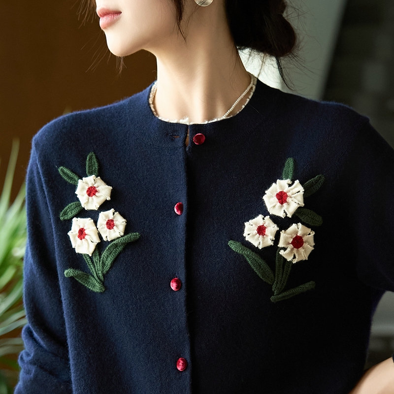 重磅手工刺绣100%纯羊毛开衫外套