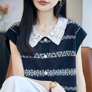 法式高级竹节麻针织短袖T恤女翻领镂空拼色背心宽松半袖打底上衣