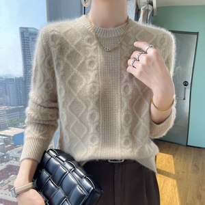 100%纯羊绒衫女圆领扭花套头毛衣秋冬新款宽松羊毛衫针织打底上衣