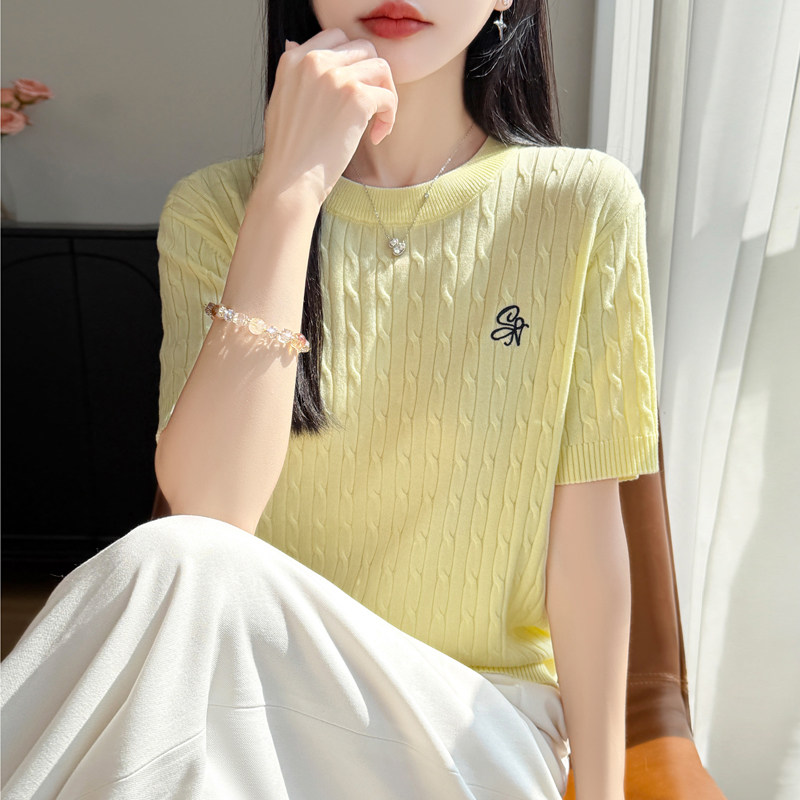 春夏款莱赛尔天丝针织短袖T恤女圆领麻花刺绣拼色上衣宽松打底衫
