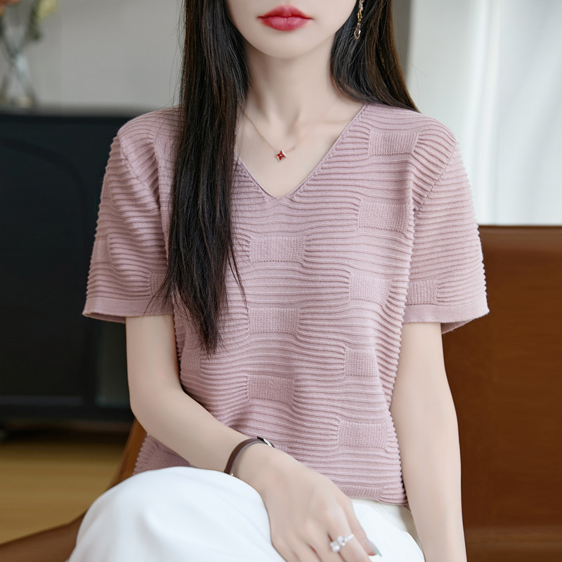 100%纯棉针织衫短袖T恤女V领上衣