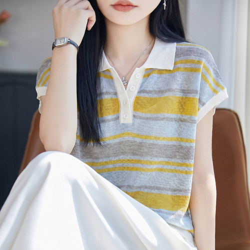 夏季竹节麻拼色POLO领短袖T恤衫