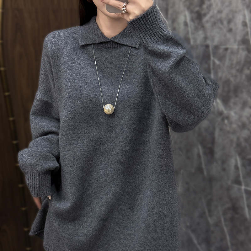 松弛慵懒风翻领100%纯羊毛衫中长款针织毛衣女韩版宽松羊绒衫打底