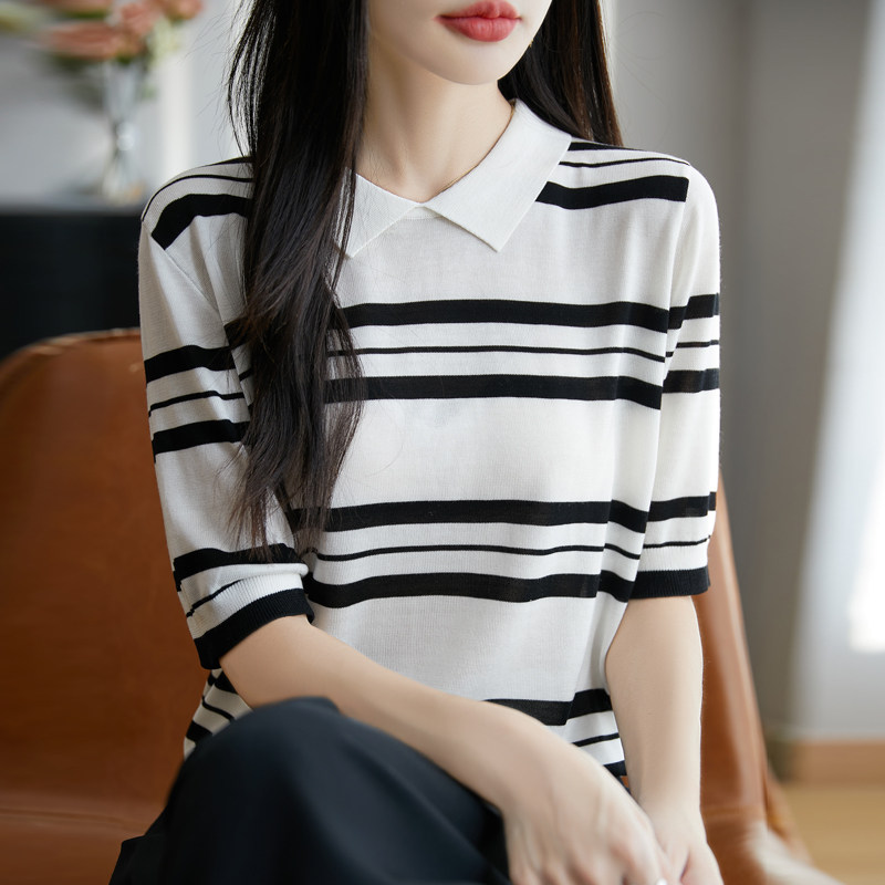 精纺天丝针织衫短袖T恤翻领条纹
