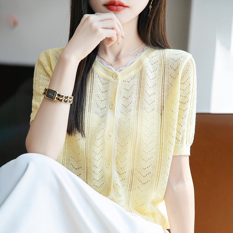 竹节麻圆领镂空针织短袖开衫女蕾丝花边拼接上衣宽松薄款半袖打底