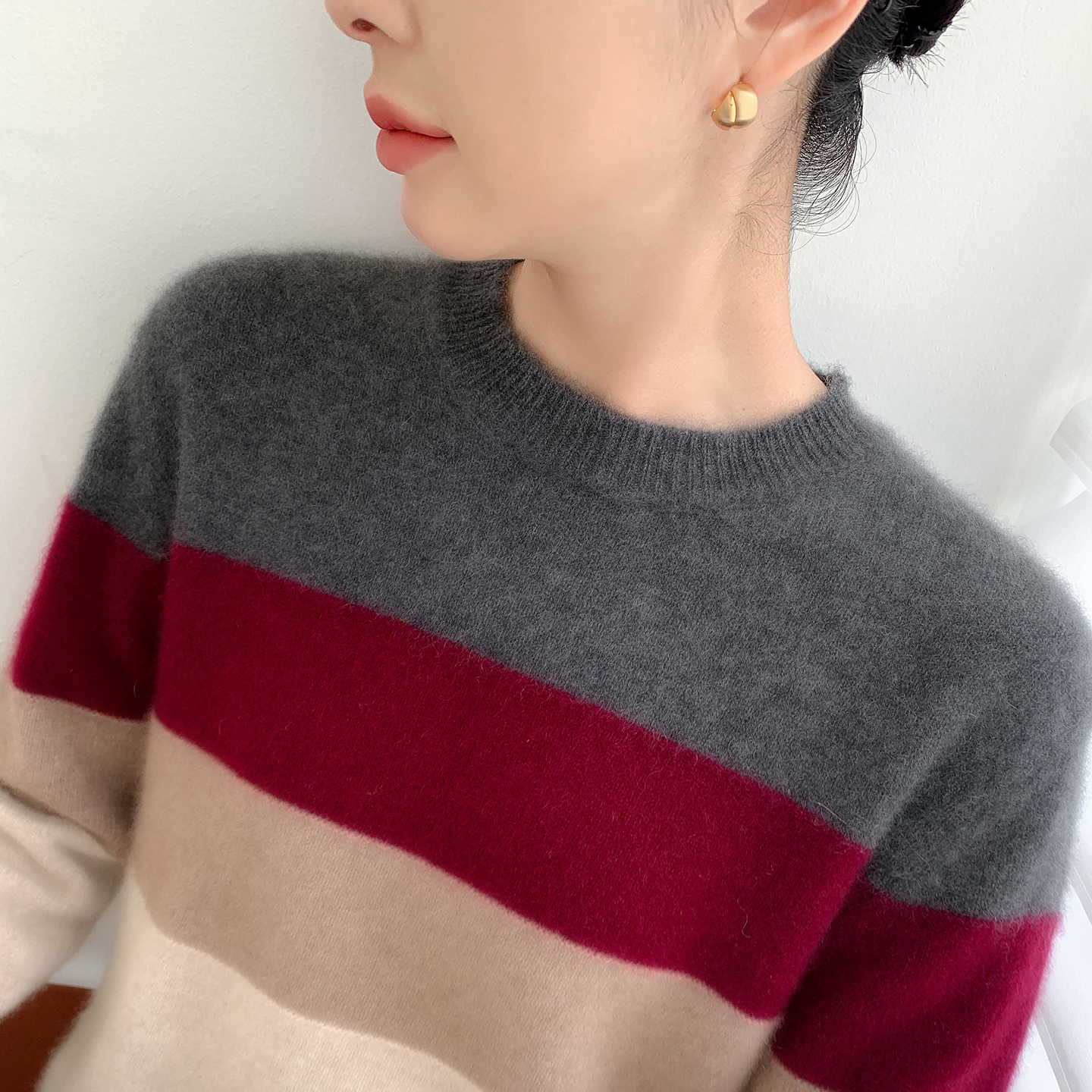 山羊绒衫女加厚撞色条纹针织衫