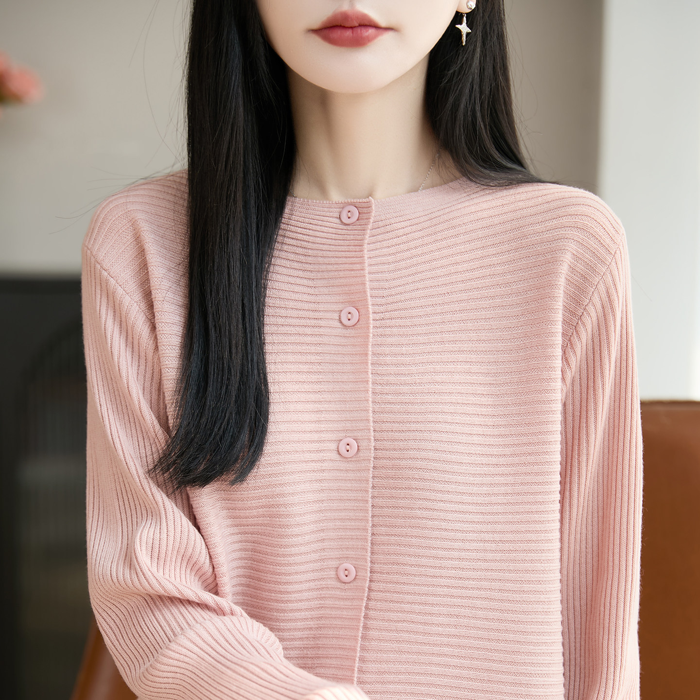 法式高级感精纺羊毛针织开衫女圆领横纹提花针织毛衣宽松长袖外套