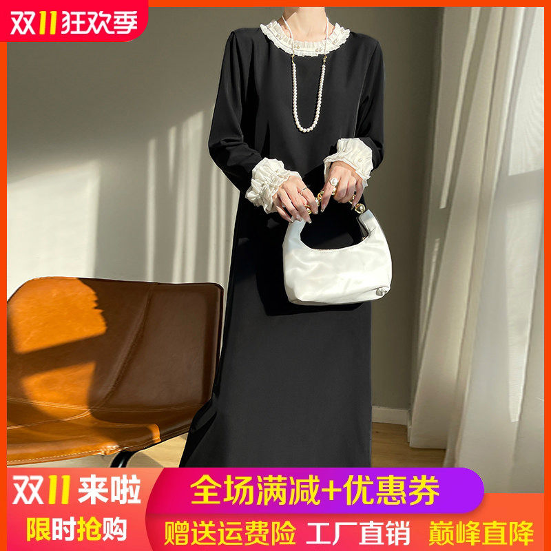24新款法式拼色圆领中长款连衣裙女蕾丝花边真丝缎面复古长裙打底