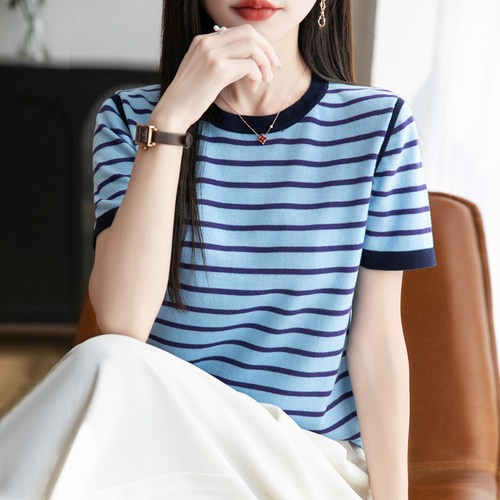 100%纯棉针织短袖T恤女圆领条纹