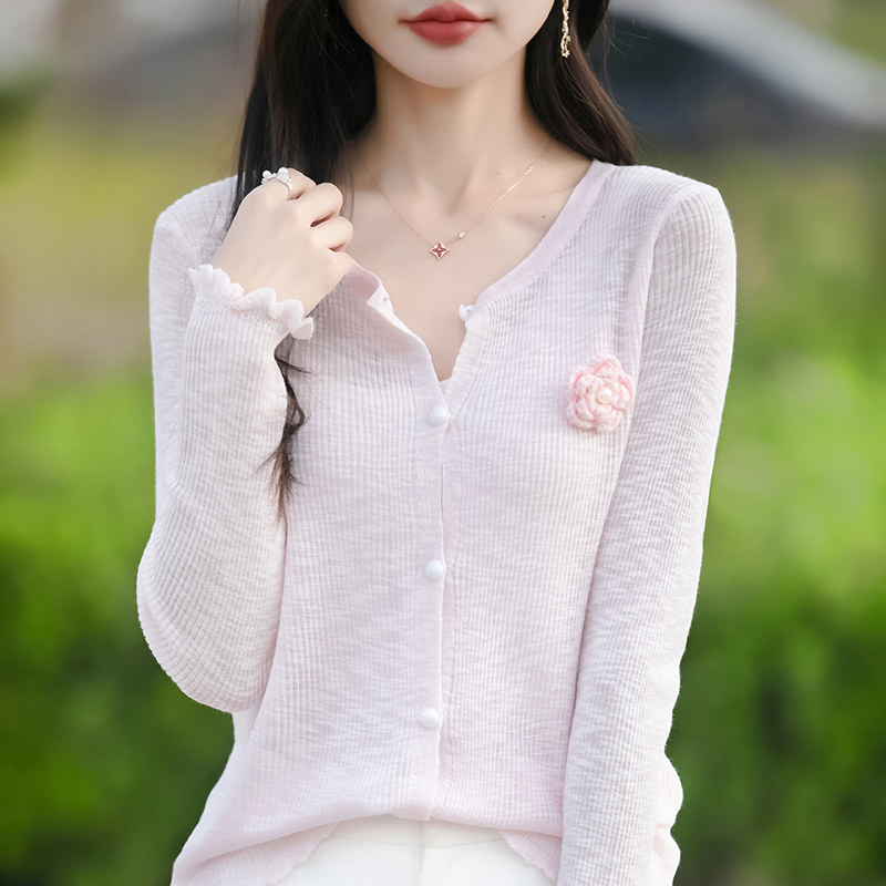 超薄竹节麻针织开衫圆领坑条绣花