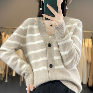 撞色条纹100%羊绒长袖开衫女V领宽松慵懒拼色羊毛衫针织外套上衣